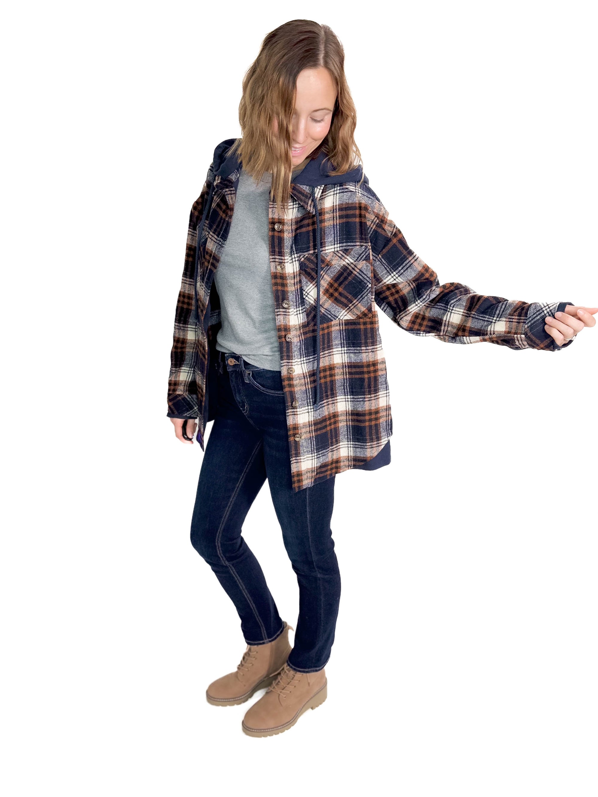 Calvyn Hooded Plaid Jacket- NAVY