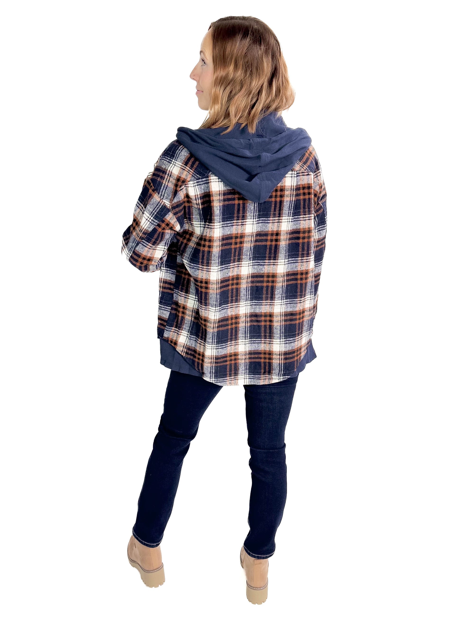 Calvyn Hooded Plaid Jacket- NAVY