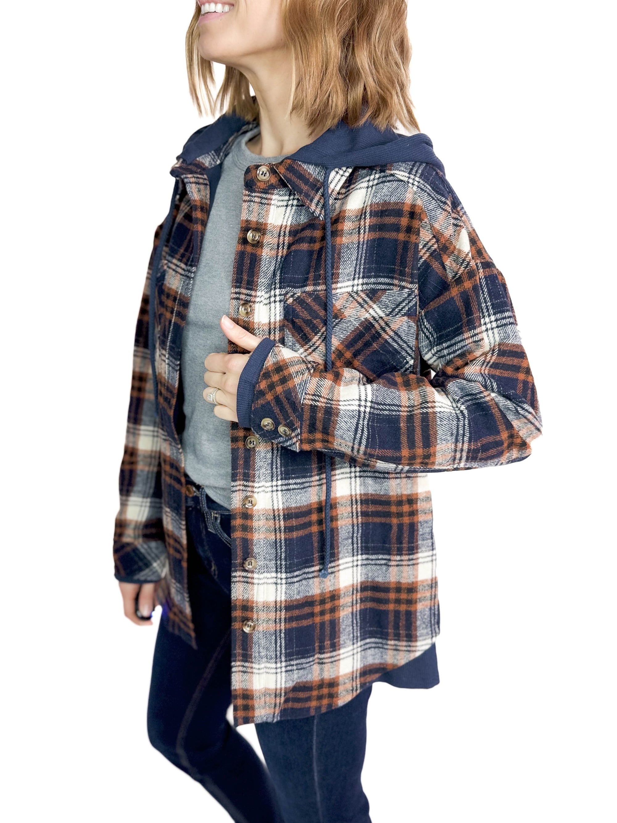 Calvyn Hooded Plaid Jacket- NAVY