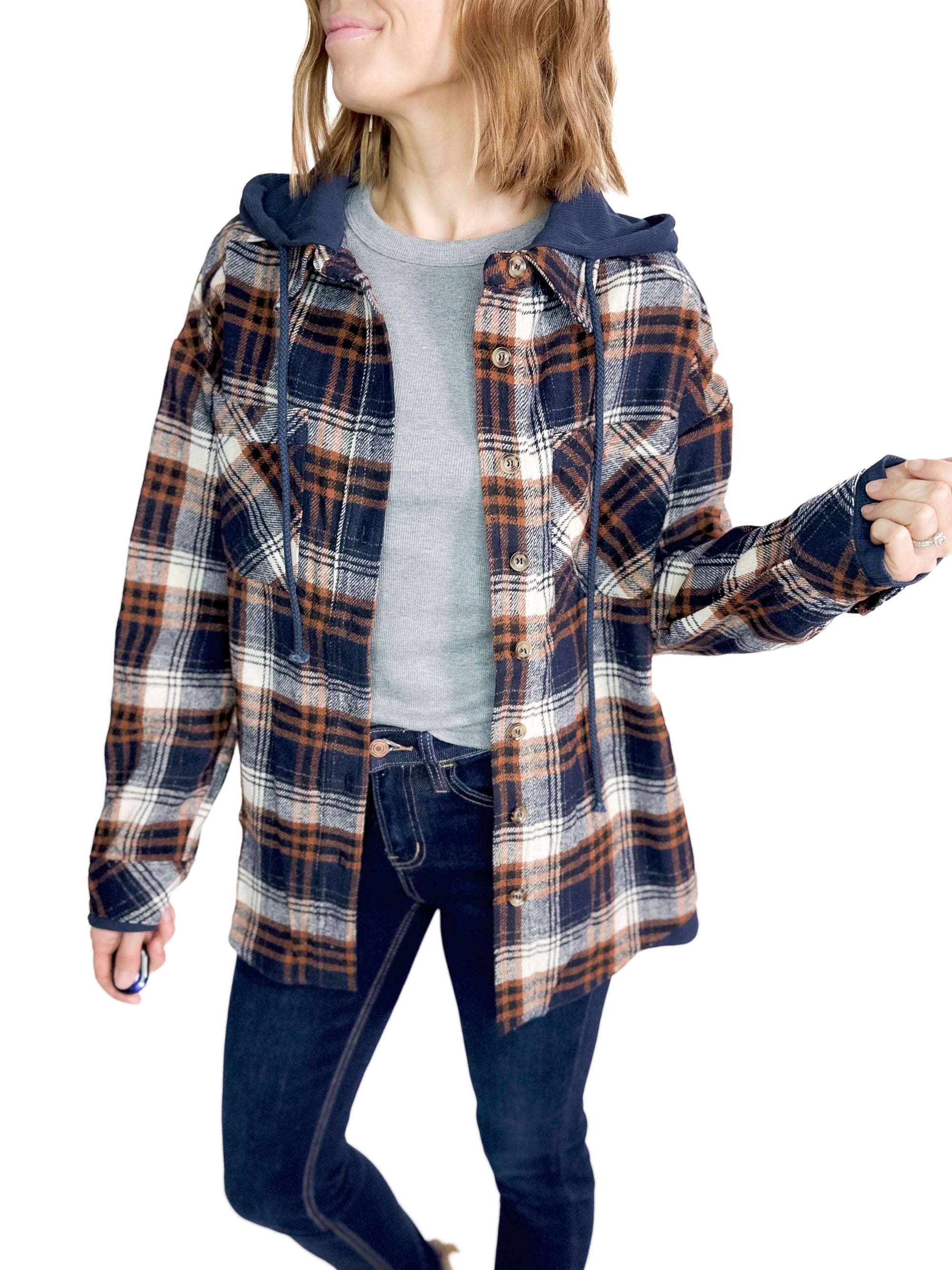 Calvyn Hooded Plaid Jacket- NAVY