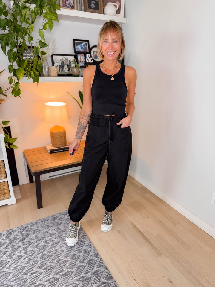 Chevron High Neck Crop Top Brami- BLACK