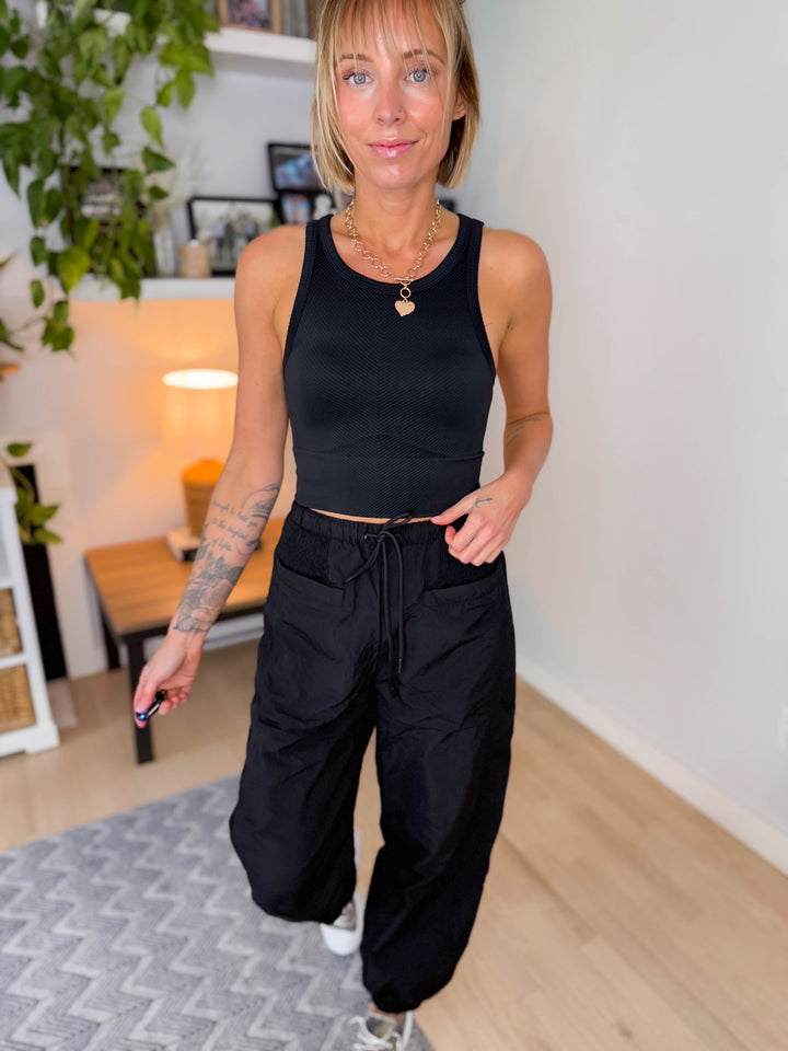 Chevron High Neck Crop Top Brami- BLACK