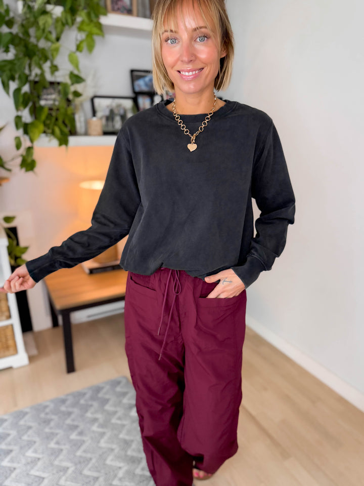 Mono B Quinn Mineral Cloud Bubble Hem Pullover- BLACK