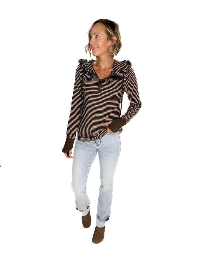 Juniper Henley Ribbed Hooded Top- OLIVE
