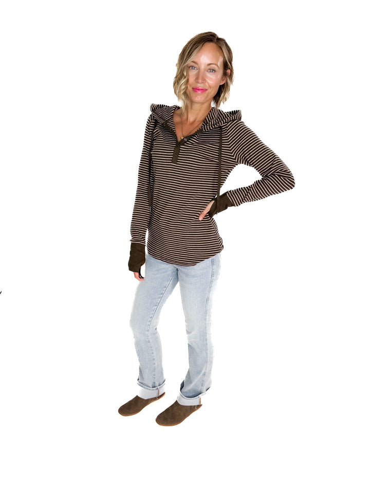 Juniper Henley Ribbed Hooded Top- OLIVE