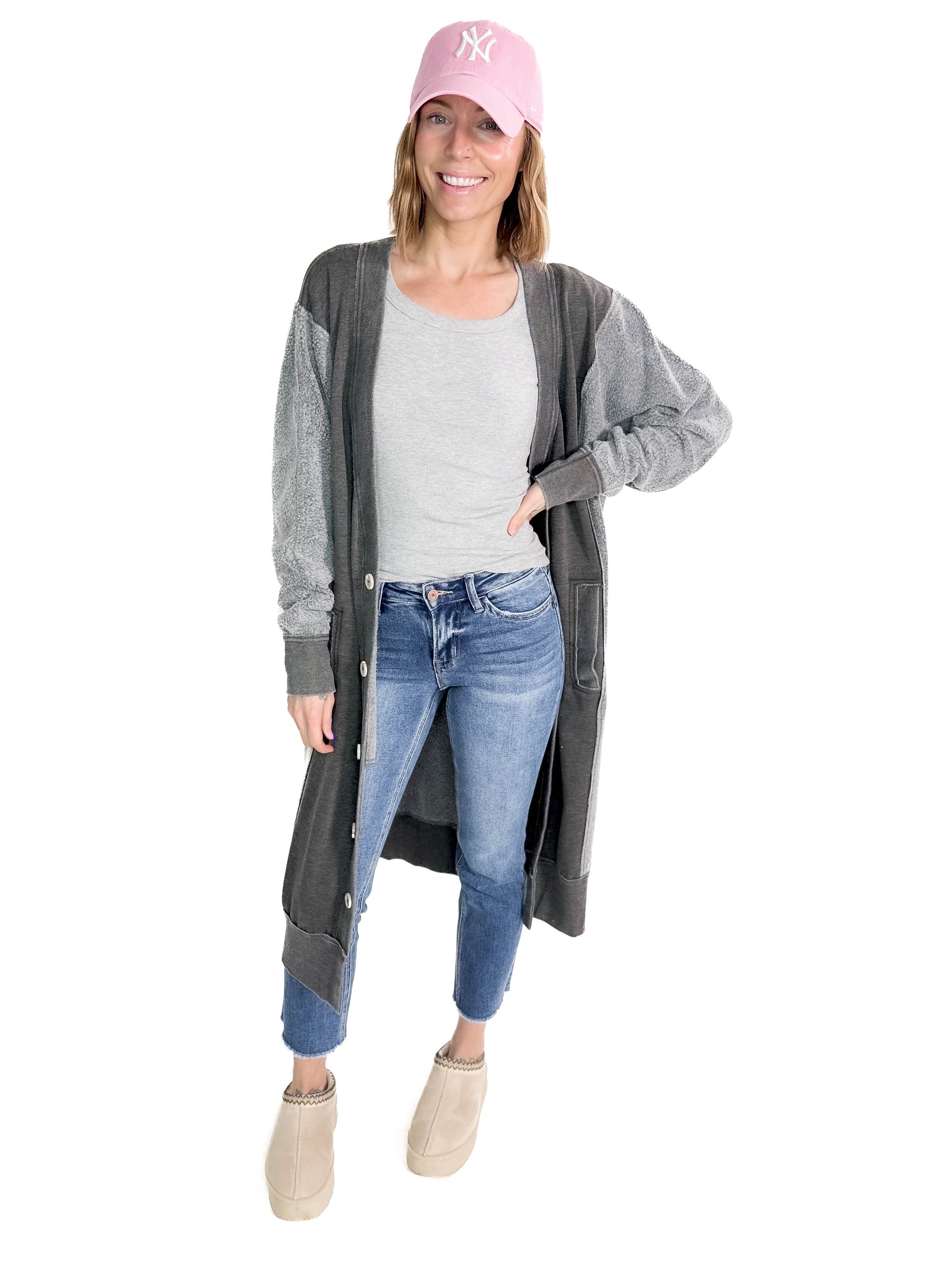 Desi Sweatshirt Cardigan- CHARCOAL