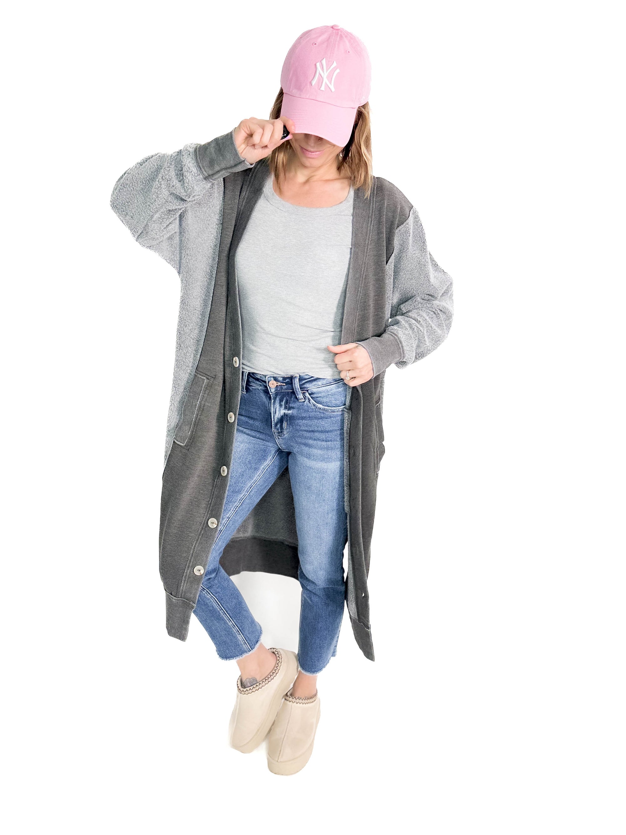 Desi Sweatshirt Cardigan- CHARCOAL