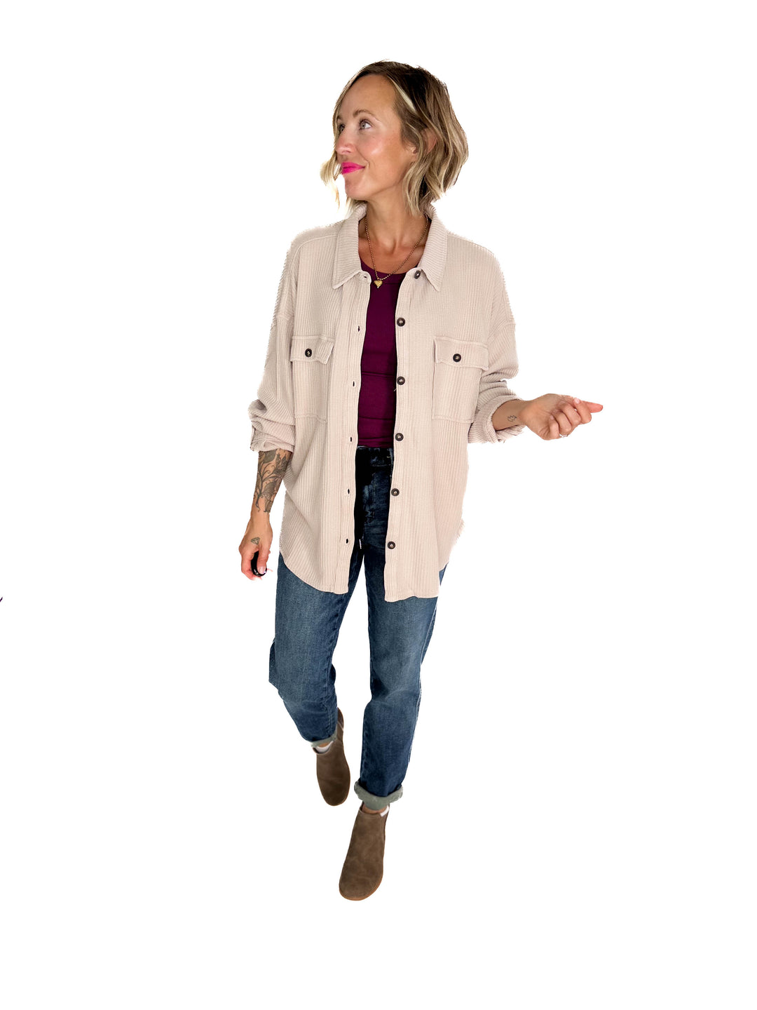 Ivy Waffle Shacket- DARK TAUPE
