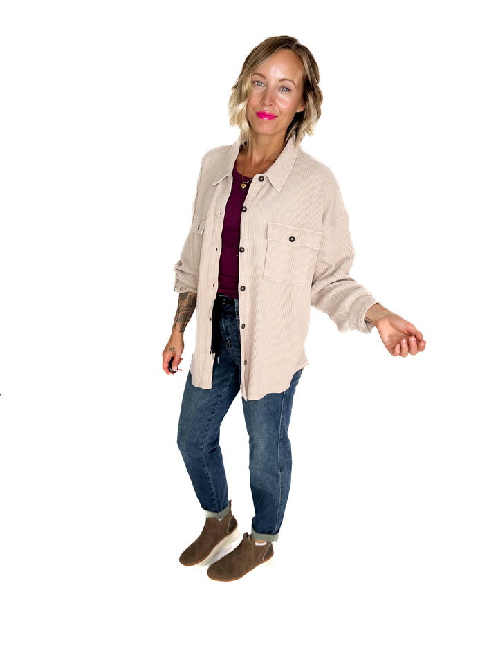 Ivy Waffle Shacket- DARK TAUPE