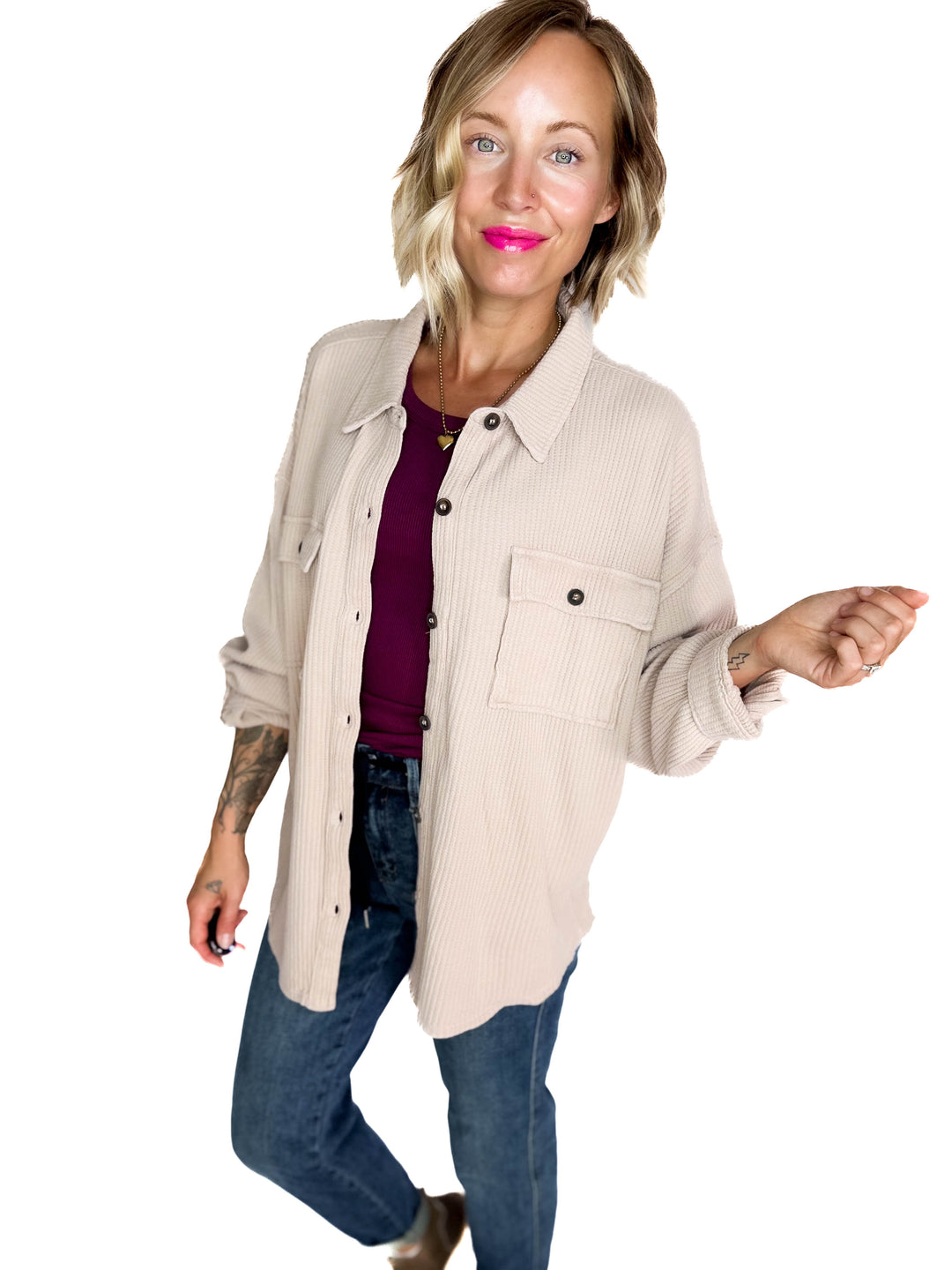 Ivy Waffle Shacket- DARK TAUPE