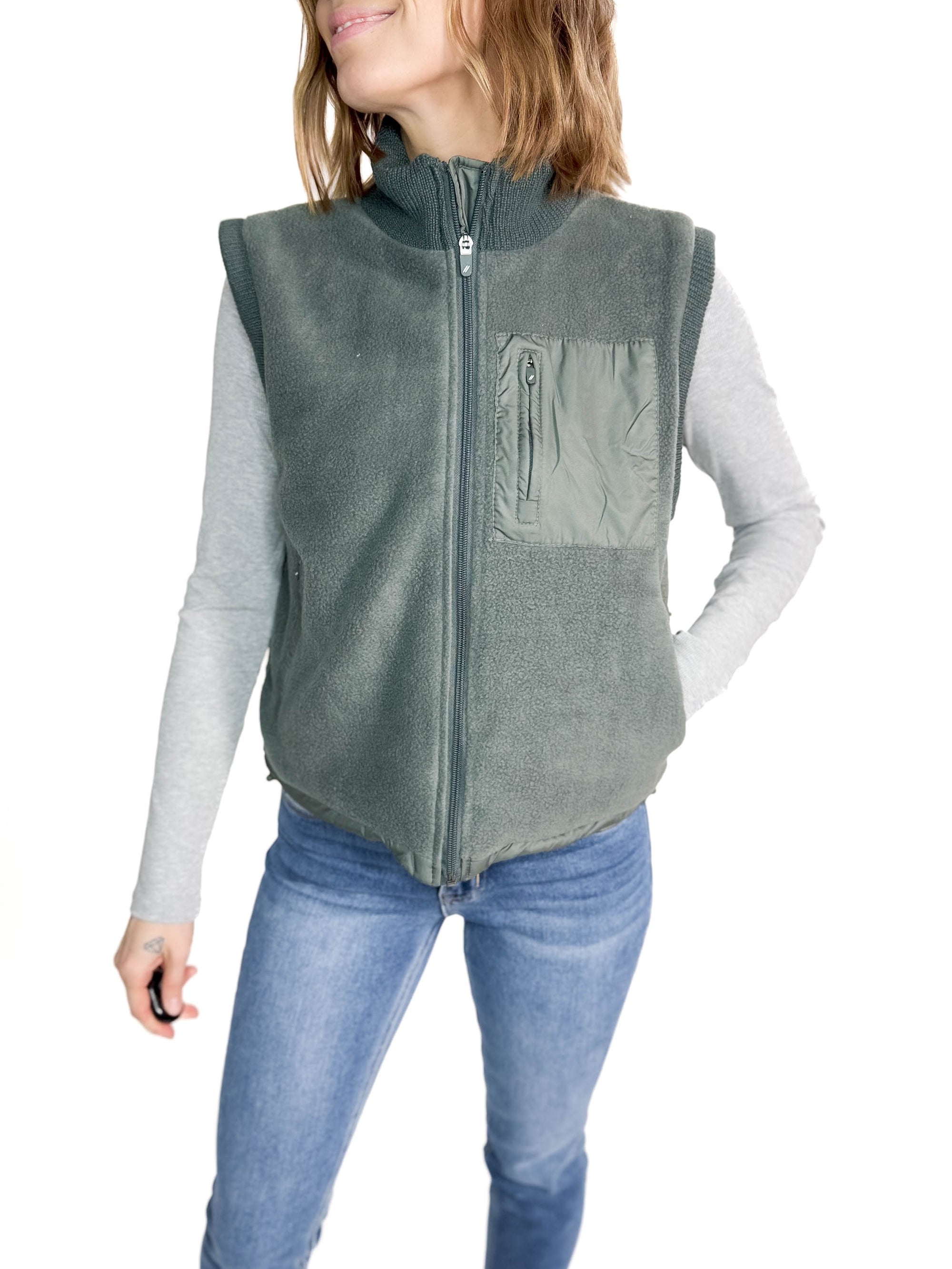 THREAD & SUPPLY Bretta Sherpa Vest- SMOKED JADE