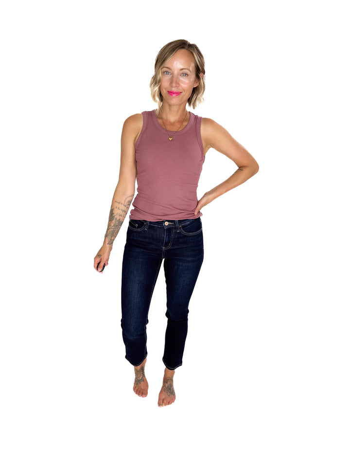 VERVET Roxy High Rise Ankle Slim Straight Leg- DARK WASH