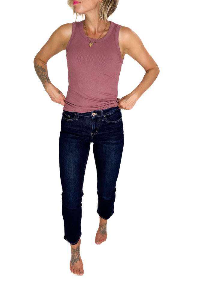 VERVET Roxy High Rise Ankle Slim Straight Leg- DARK WASH