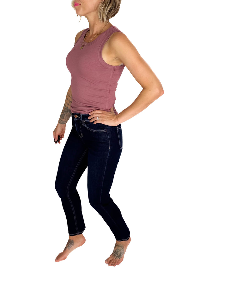 VERVET Roxy High Rise Ankle Slim Straight Leg- DARK WASH