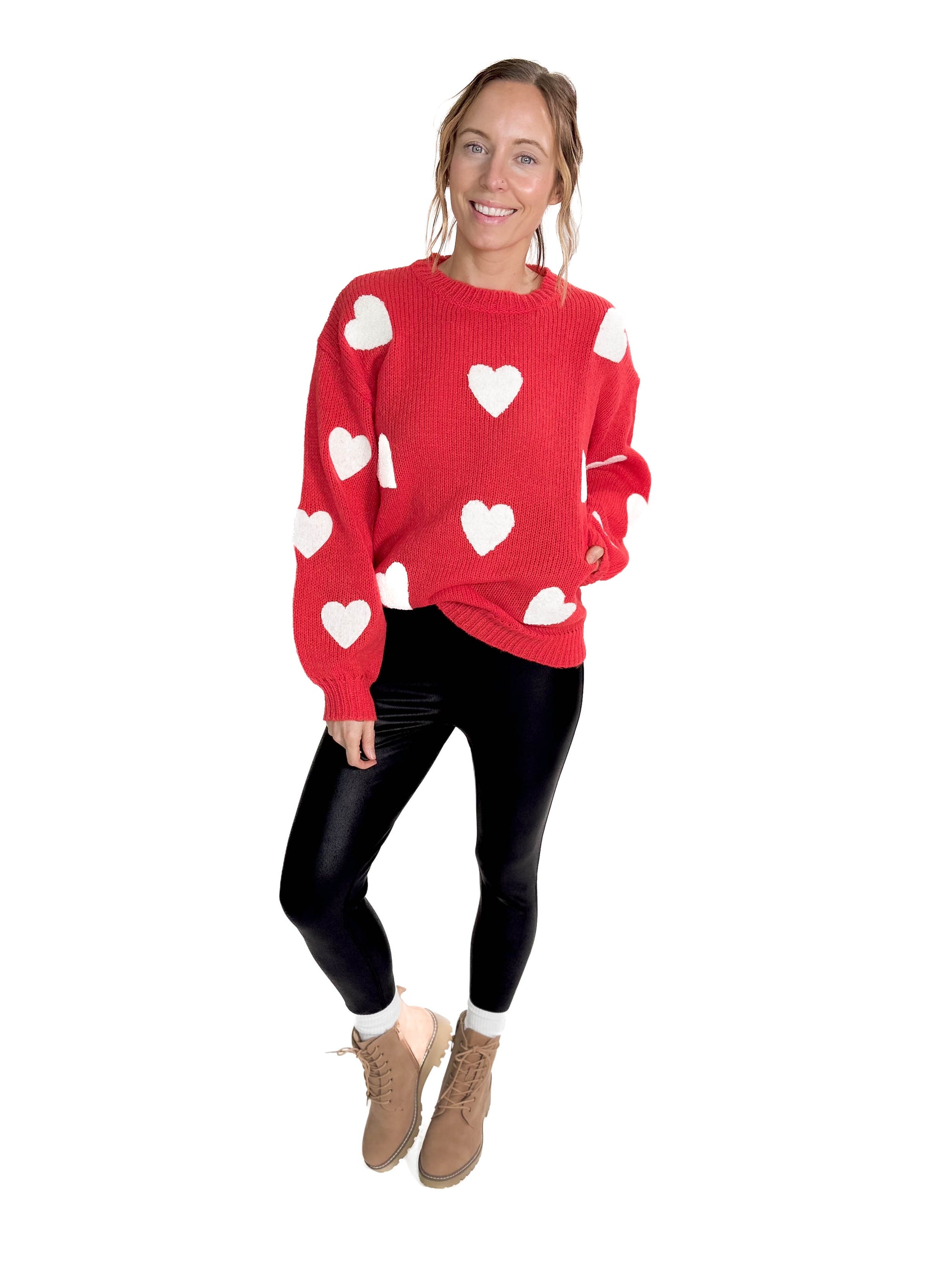 Winnie Fuzzy Heart Sweater- RED