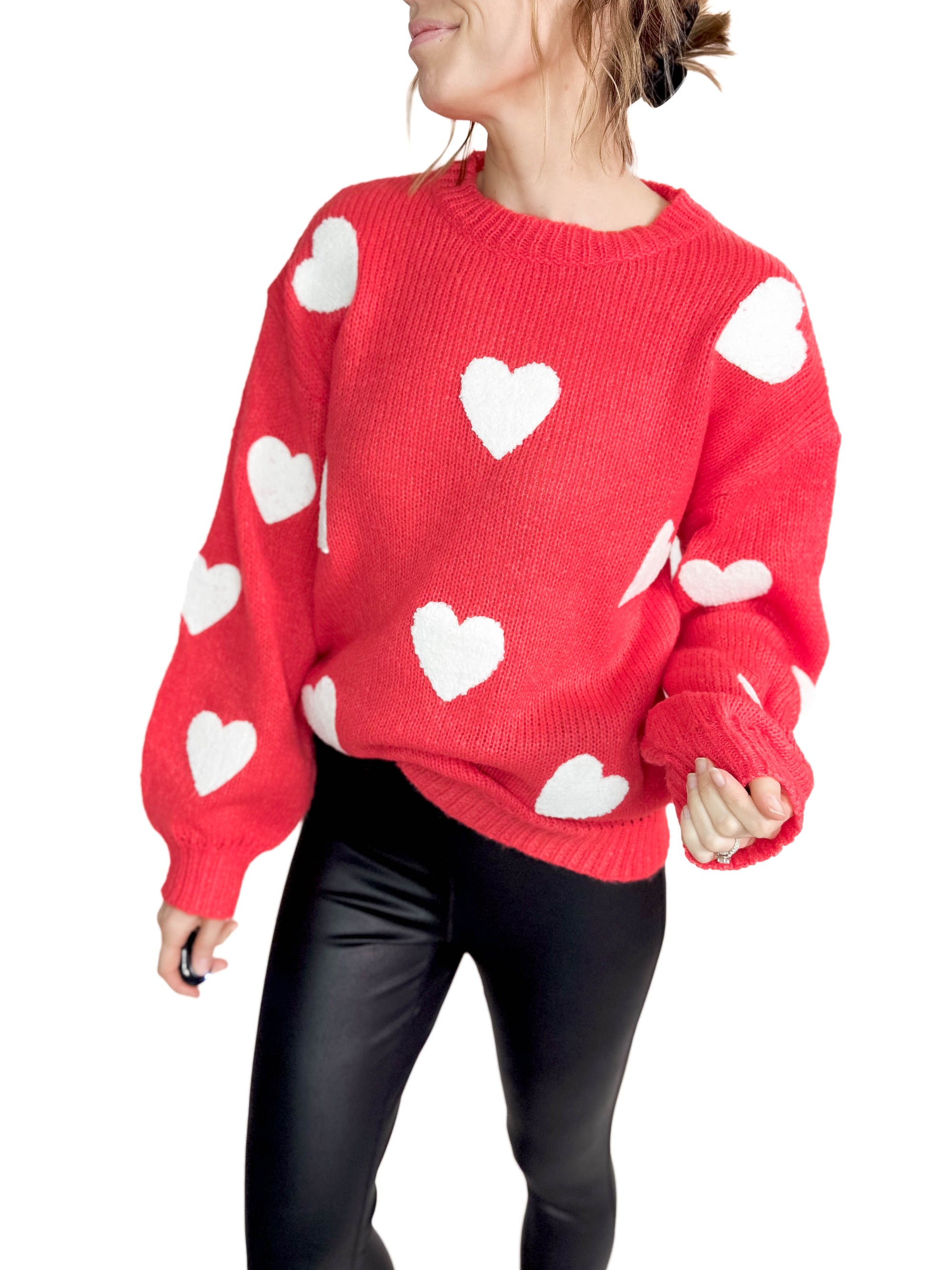 Winnie Fuzzy Heart Sweater- RED