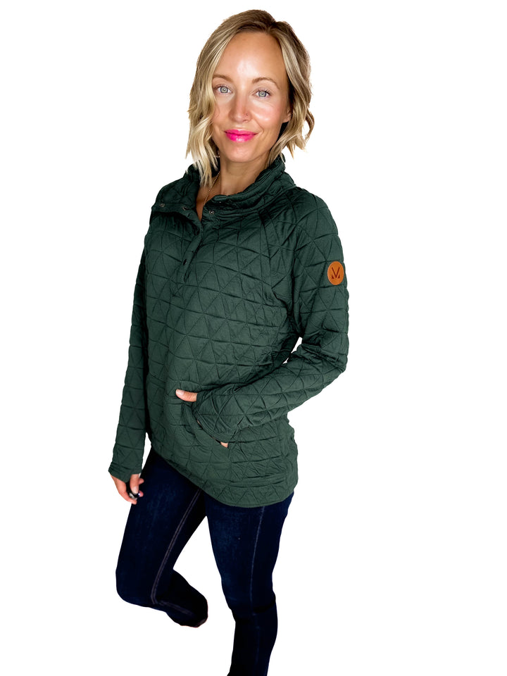 MICHELLE MAE Georgia Quilted Snap Button Pullover- HUNTER GREEN **PRE-ORDER ETA SPET 10**