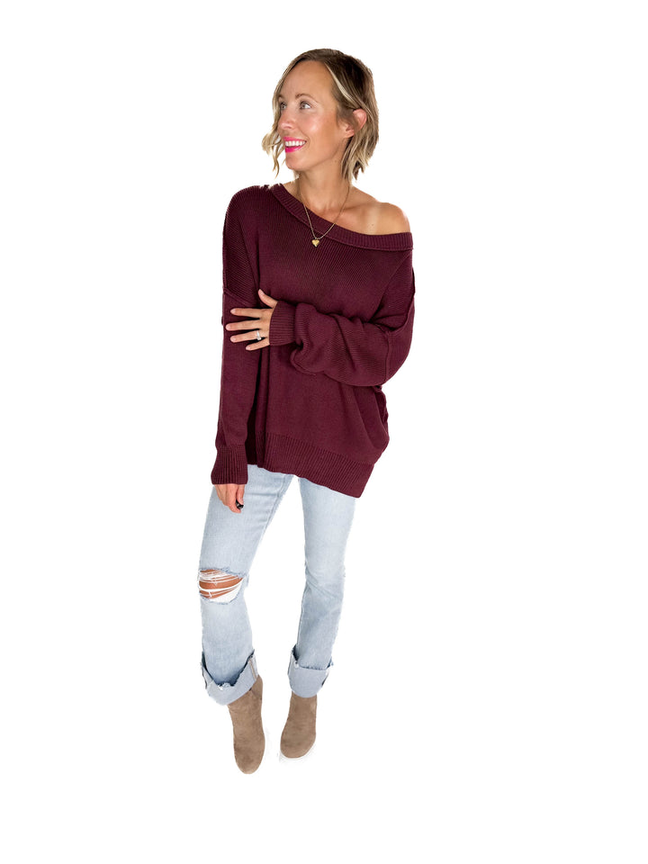 Ever Oversized Cotton Exposed Seam Sweater- PLUM