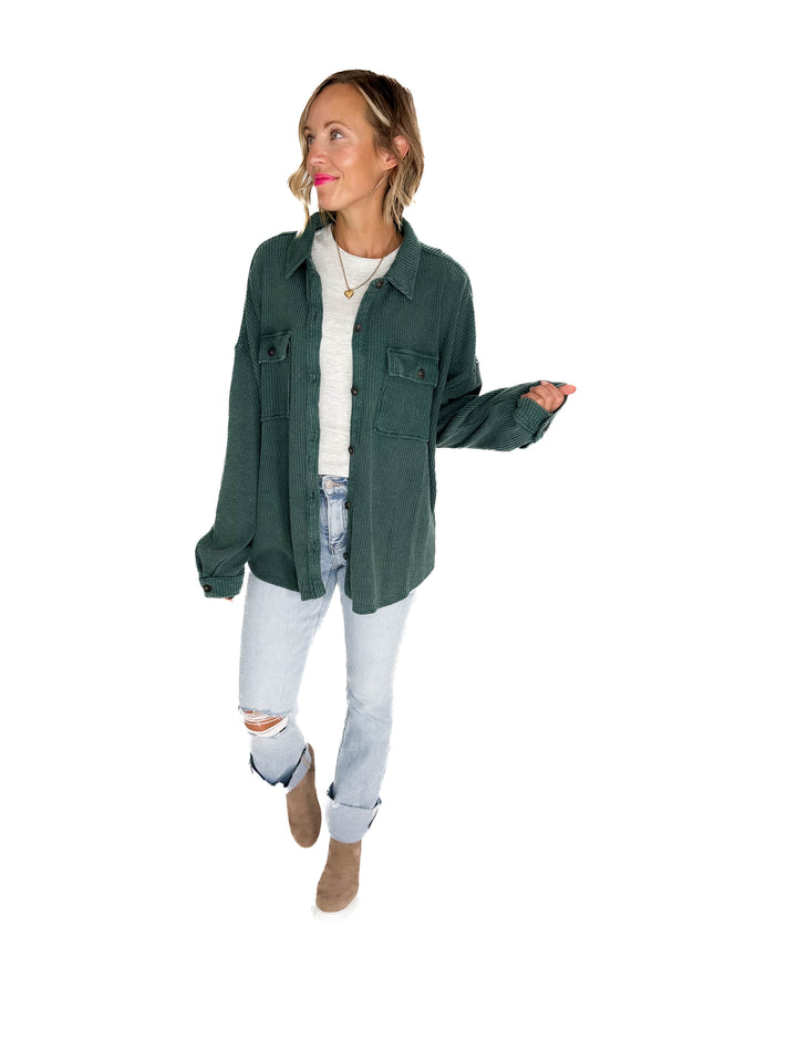 Ivy Waffle Shacket- DEEP GREEN
