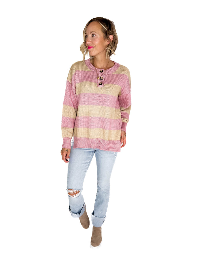 Tracly Striped Button Up Knit Sweater- MAUVE/TAUPE