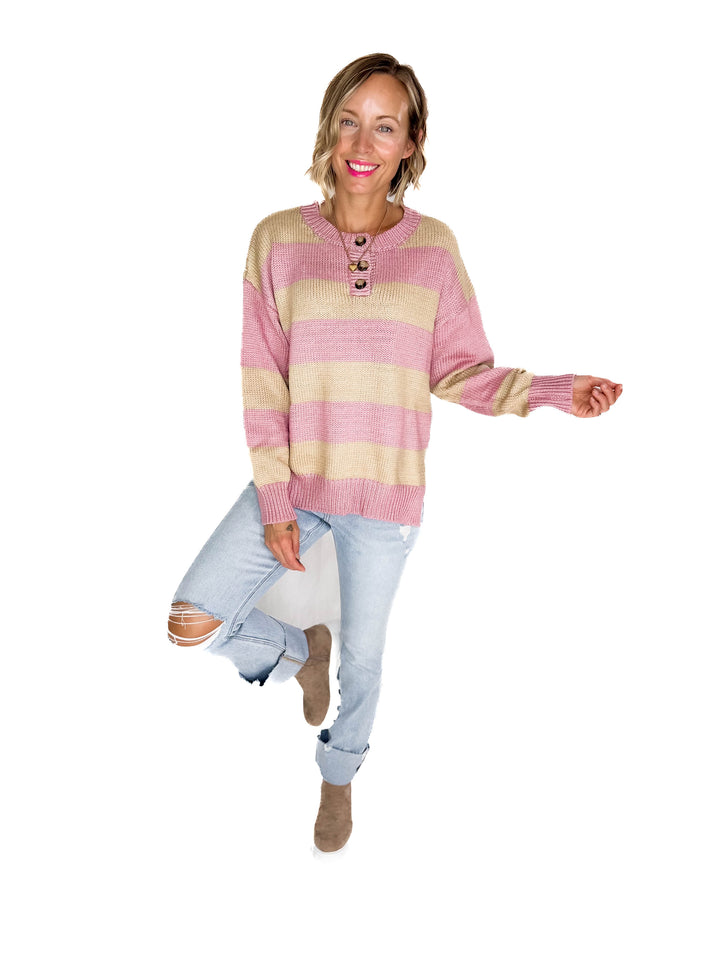 Tracly Striped Button Up Knit Sweater- MAUVE/TAUPE