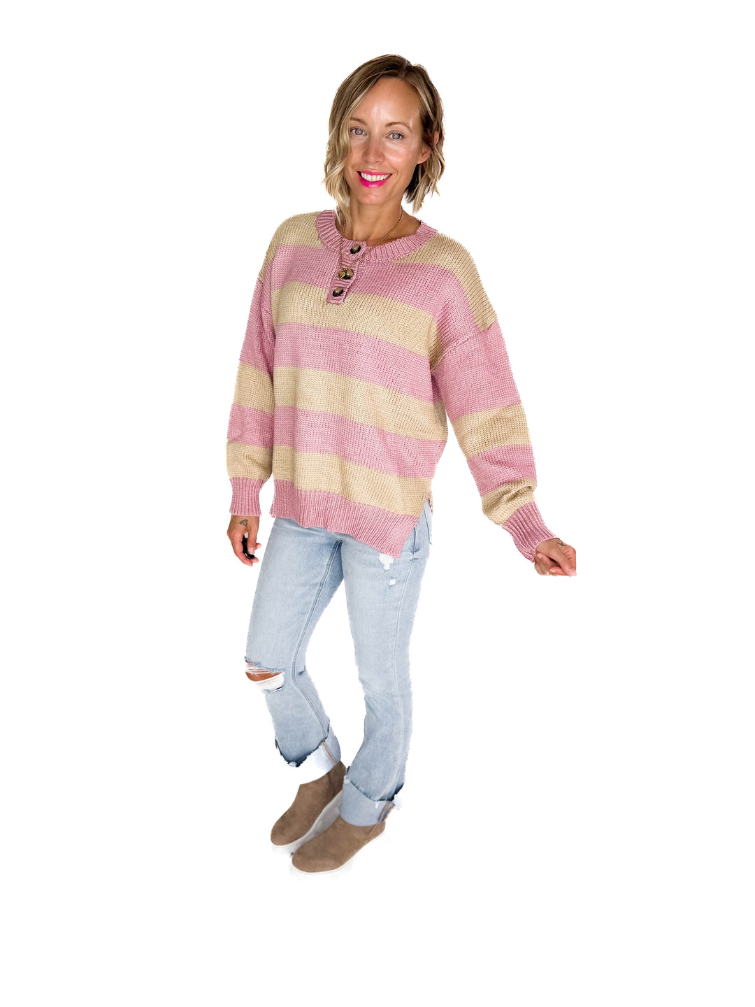Tracly Striped Button Up Knit Sweater- MAUVE/TAUPE