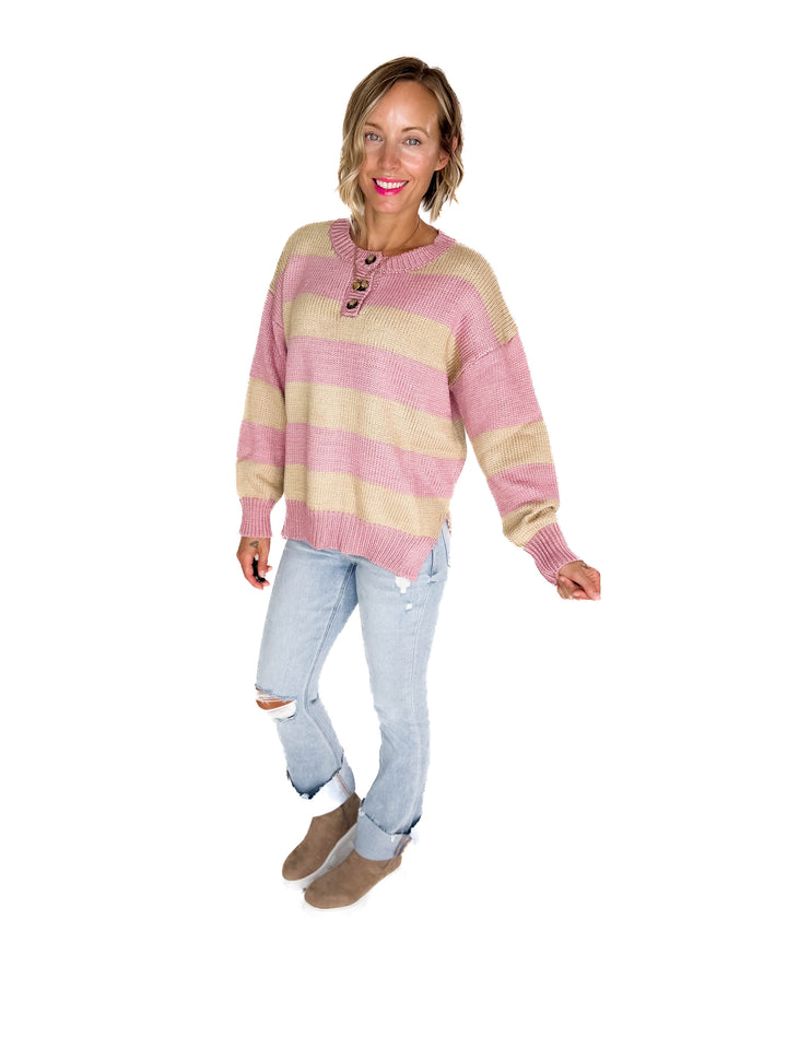 Tracly Striped Button Up Knit Sweater- MAUVE/TAUPE