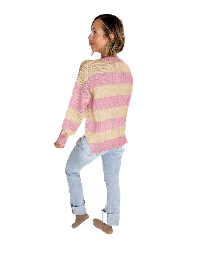 Tracly Striped Button Up Knit Sweater- MAUVE/TAUPE