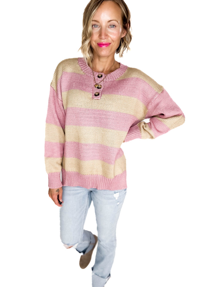 Tracly Striped Button Up Knit Sweater- MAUVE/TAUPE