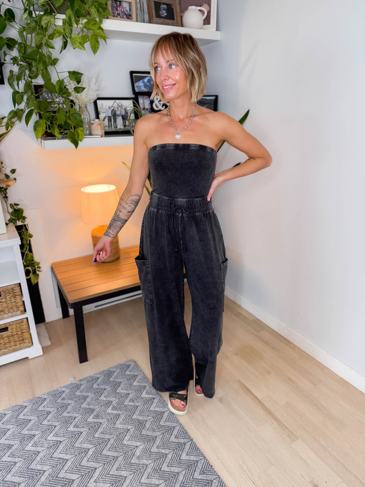 Whitney Strapless Cargo Jumpsuit- BLACK