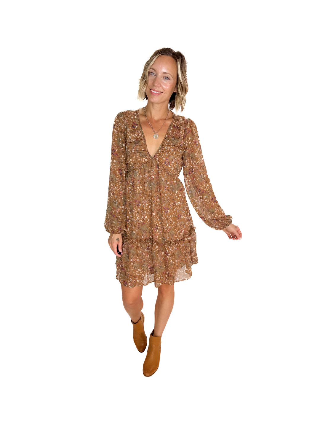 Cailyn Long Sleeve Floral Baby Doll Dress- MOCHA-FINAL SALE *S*