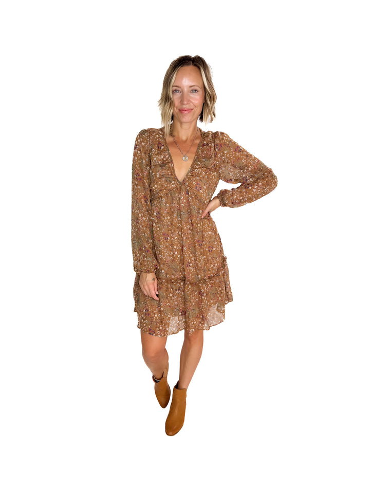 Cailyn Long Sleeve Floral Baby Doll Dress- MOCHA-FINAL SALE *S*