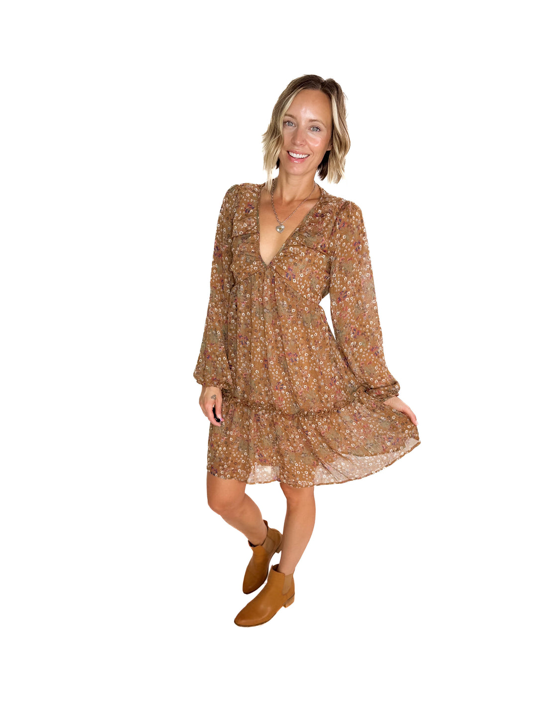 Cailyn Long Sleeve Floral Baby Doll Dress- MOCHA-FINAL SALE *S*