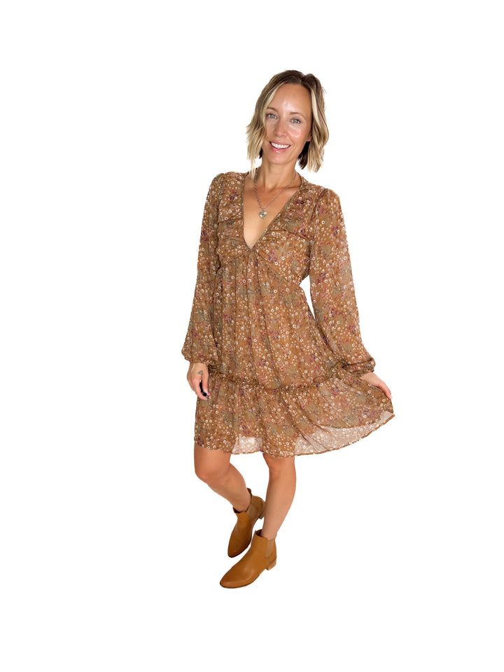 Cailyn Long Sleeve Floral Baby Doll Dress- MOCHA-FINAL SALE *S*