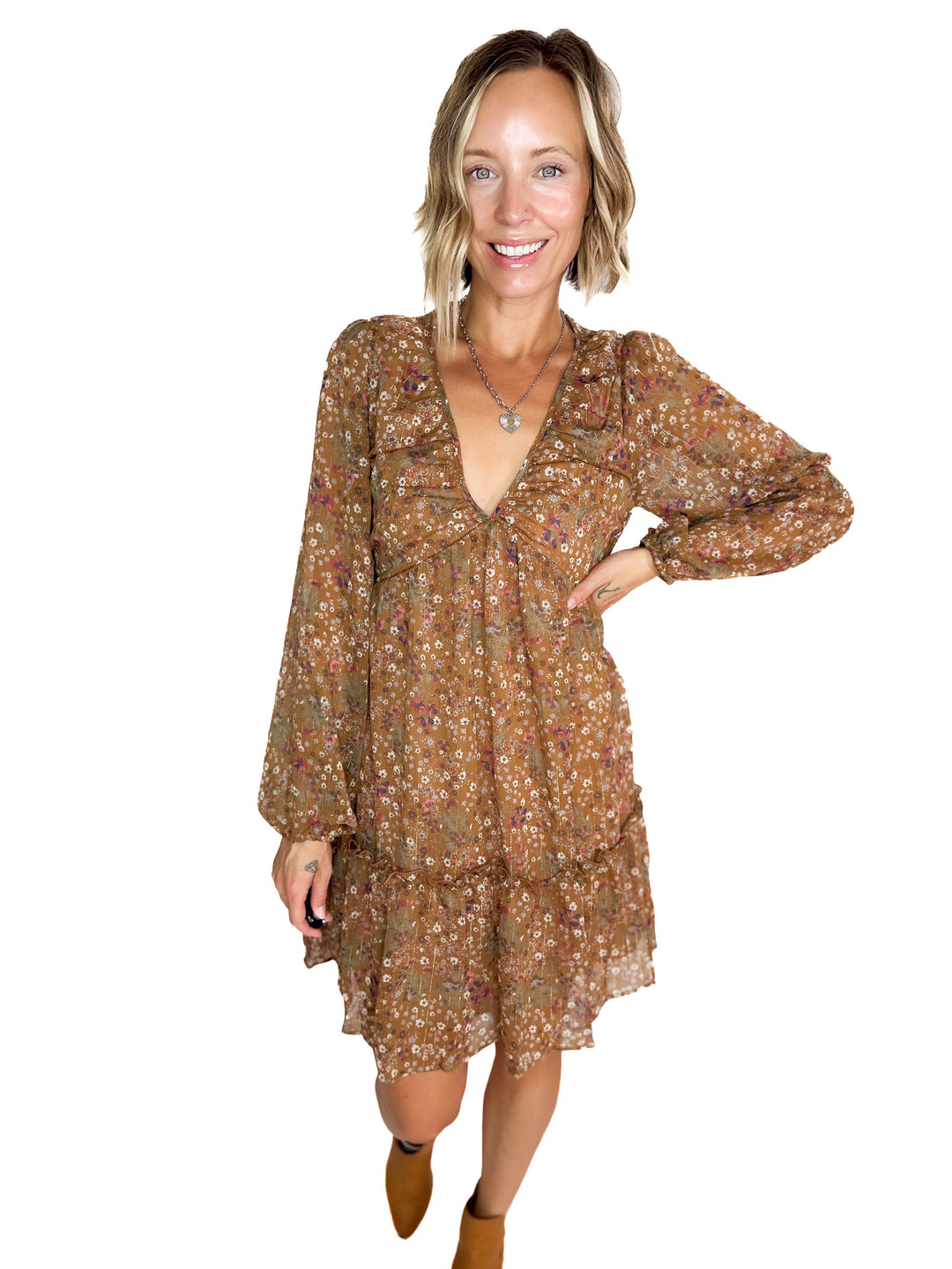 Cailyn Long Sleeve Floral Baby Doll Dress- MOCHA-FINAL SALE *S*