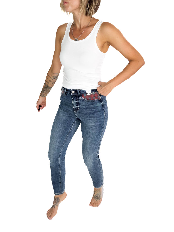 JUDY BLUE Hardy Plaid Patch Slim Straight Leg Jean