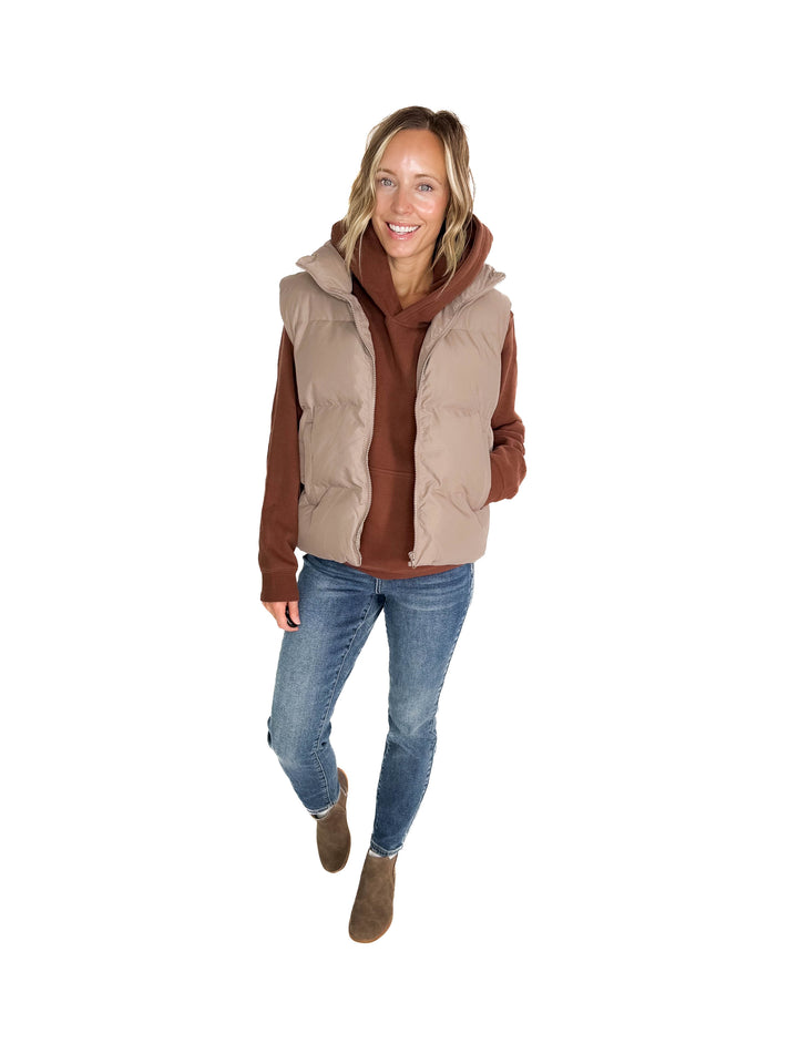 Falling For You Puffer Vest- TAUPE GREY