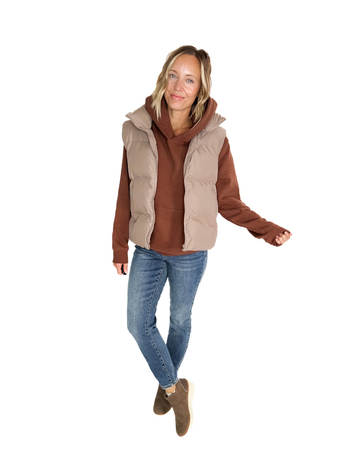Falling For You Puffer Vest- TAUPE GREY