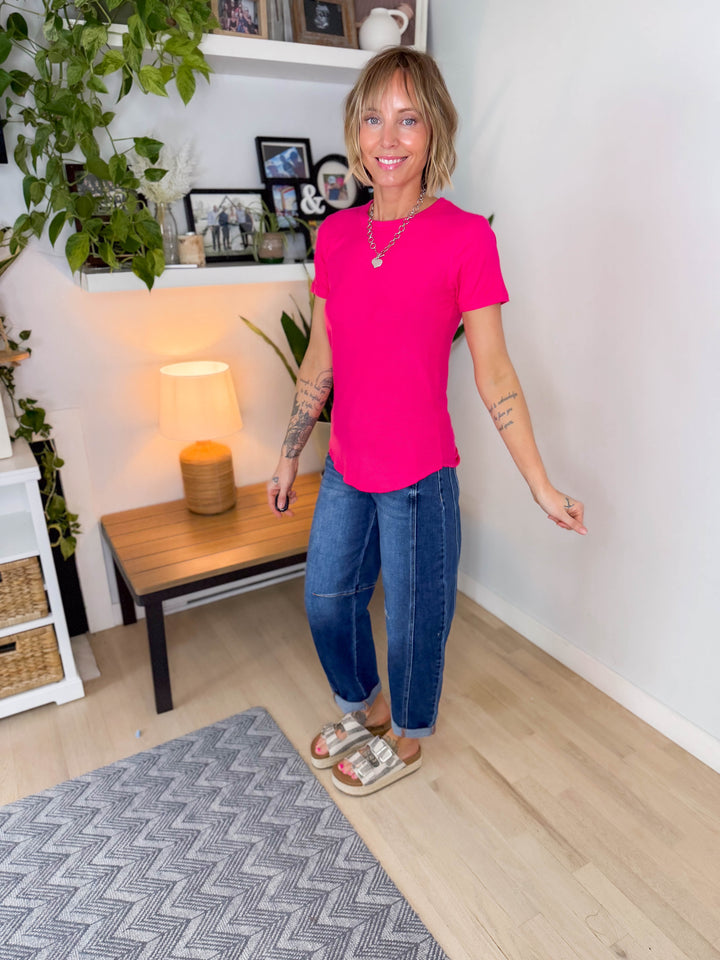 Odette Ribbed Short Sleeve- HOT PINK-FINAL SALE
