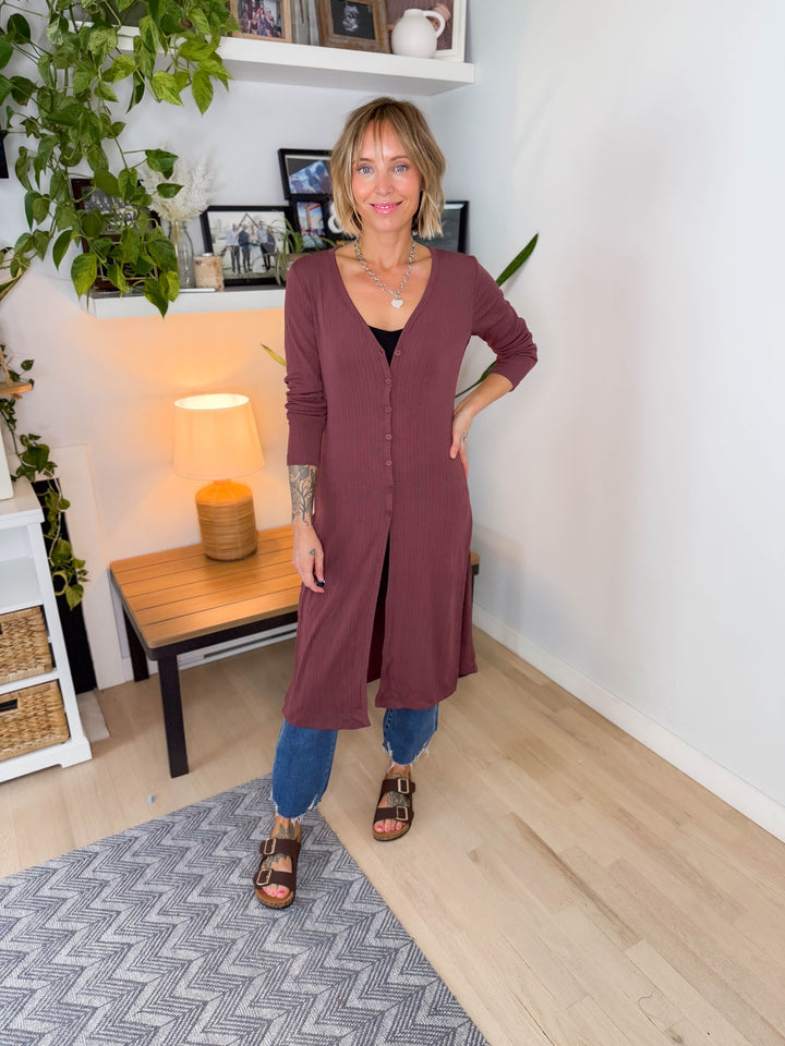 Tina Ribbed Button Cardigan- MAUVE