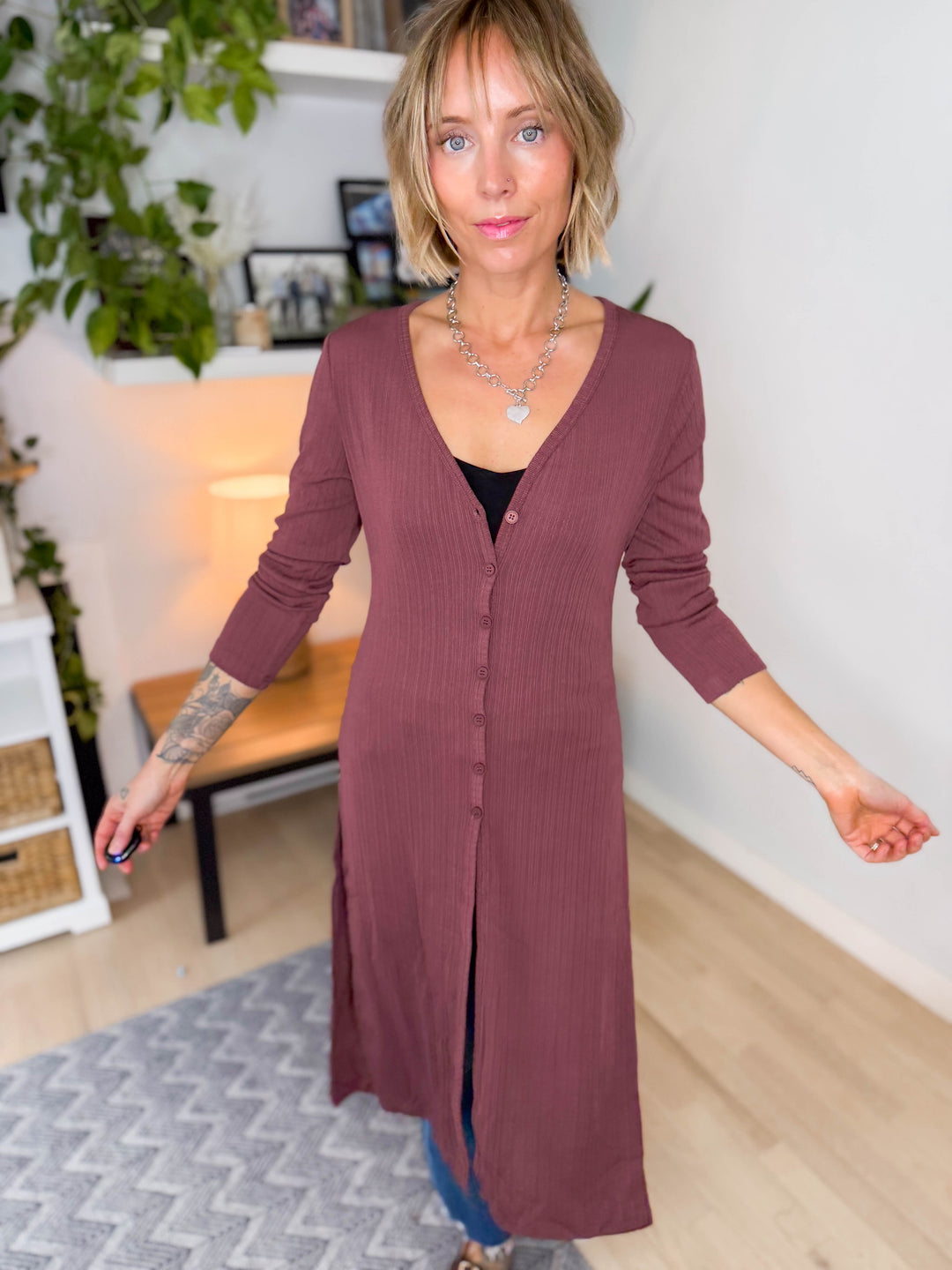 Tina Ribbed Button Cardigan- MAUVE