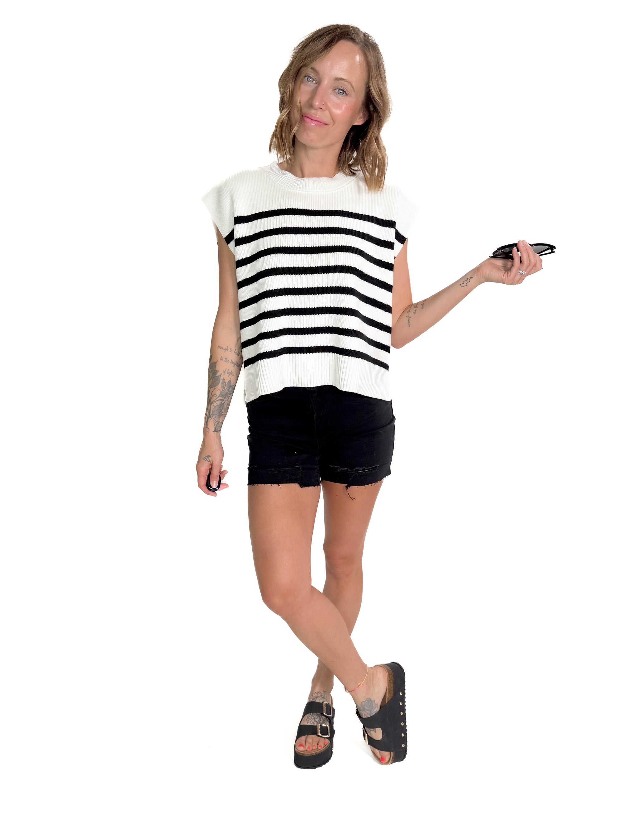 Billie Oversized Striped Sweater Vest- BLACK