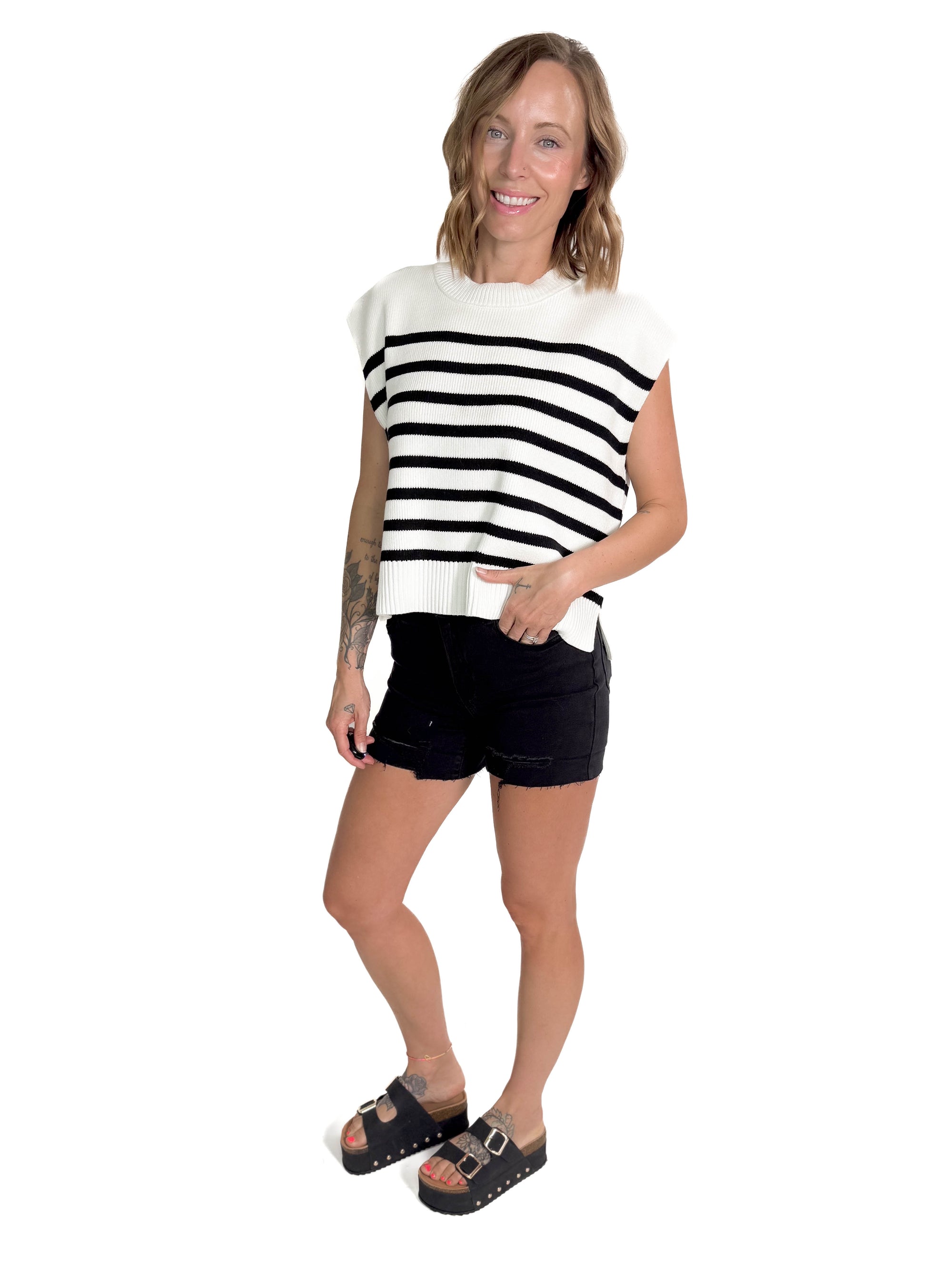 Billie Oversized Striped Sweater Vest- BLACK