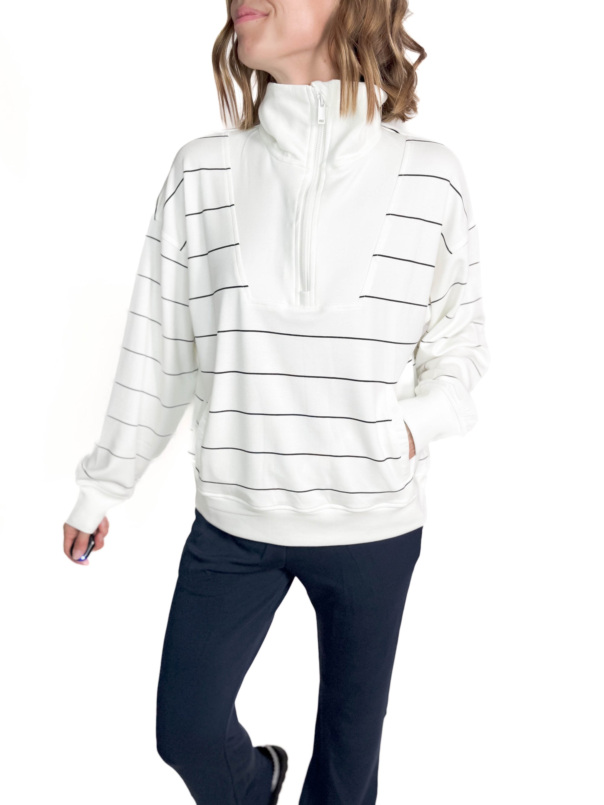 Rachel Modal Quarter Zip Mock Neck Pullover- CREAM/BLACK