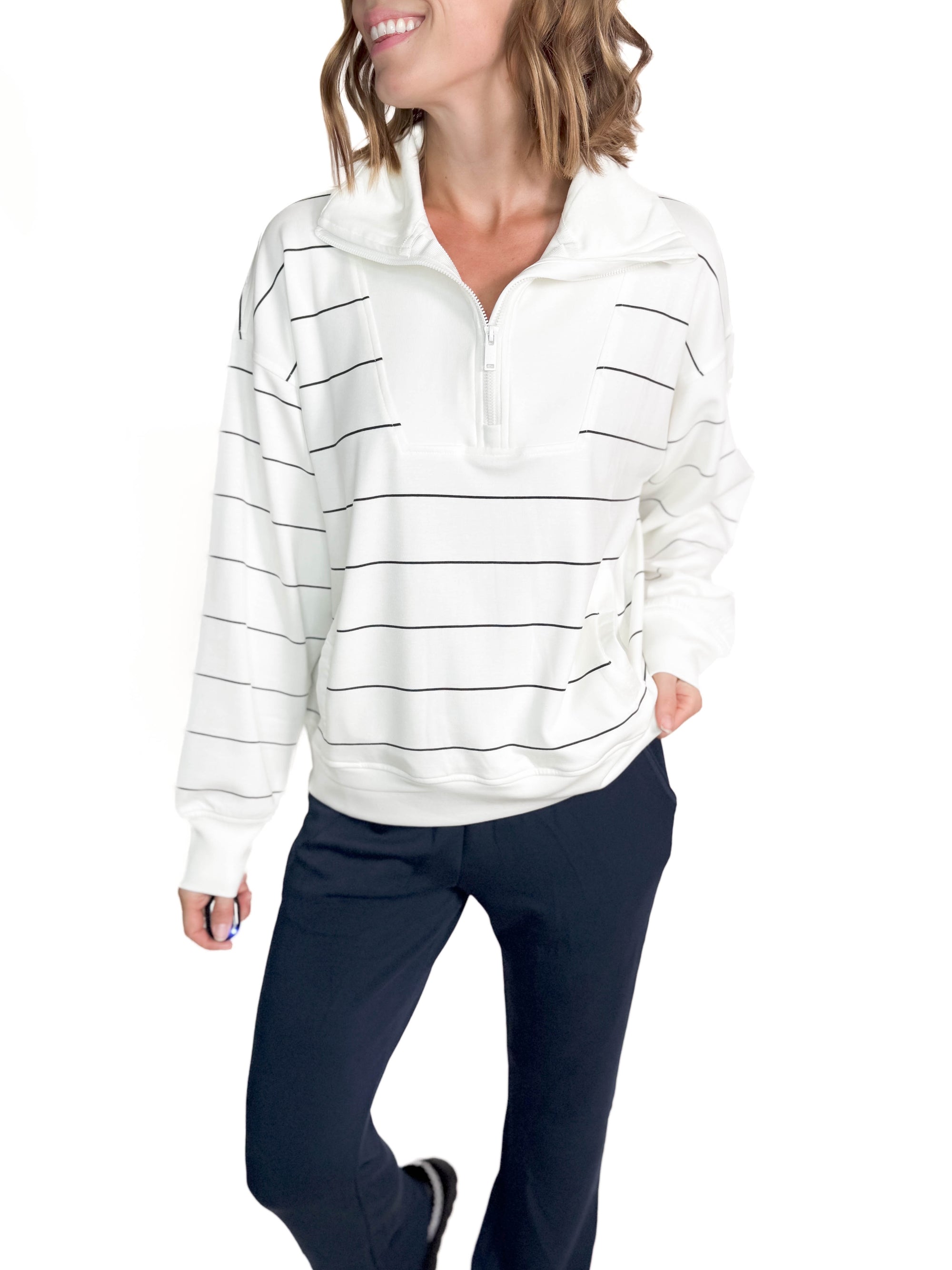 Rachel Modal Quarter Zip Mock Neck Pullover- CREAM/BLACK