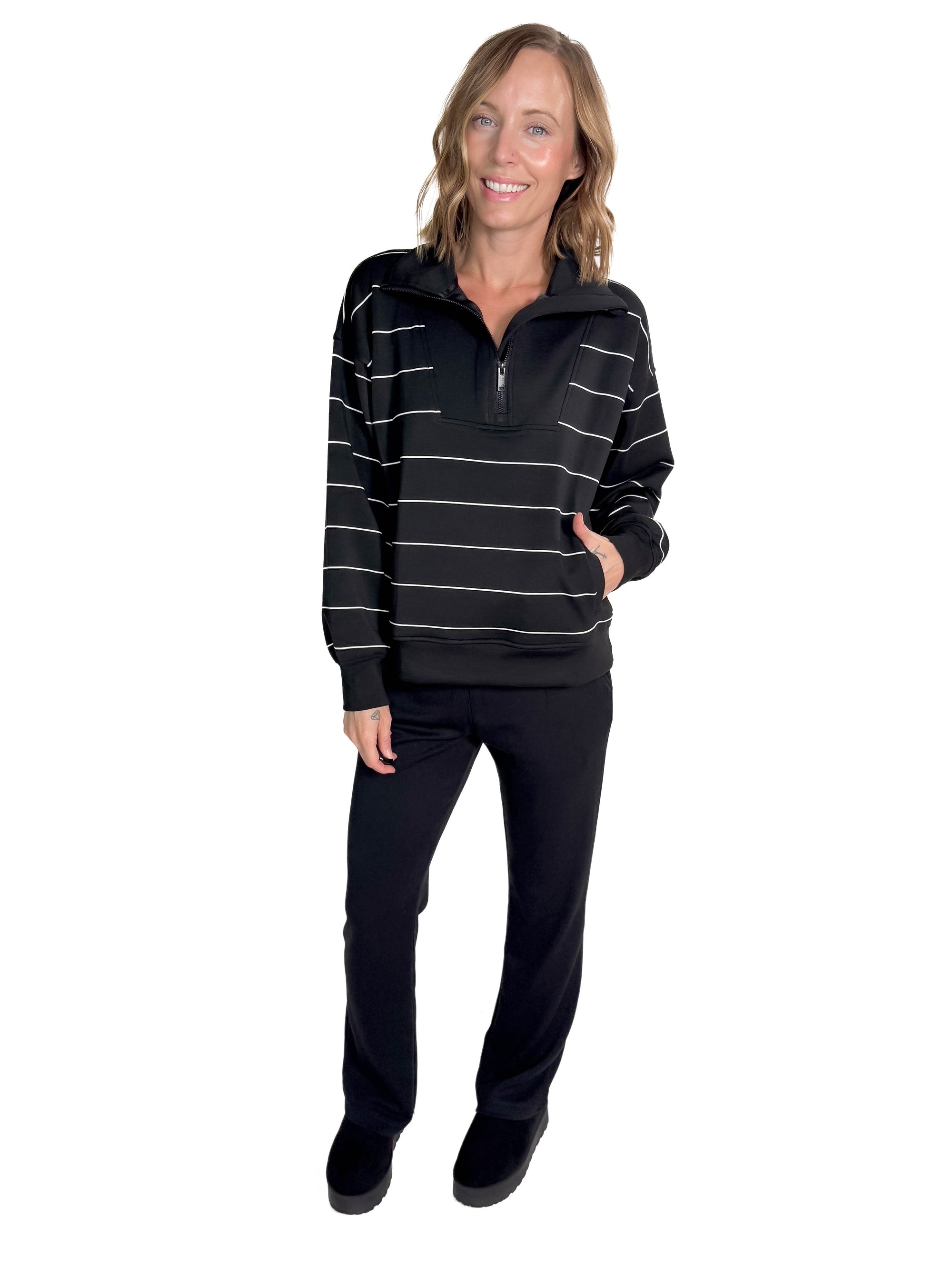 Rachel Modal Quarter Zip Mock Neck Pullover- BLACK/CREAM