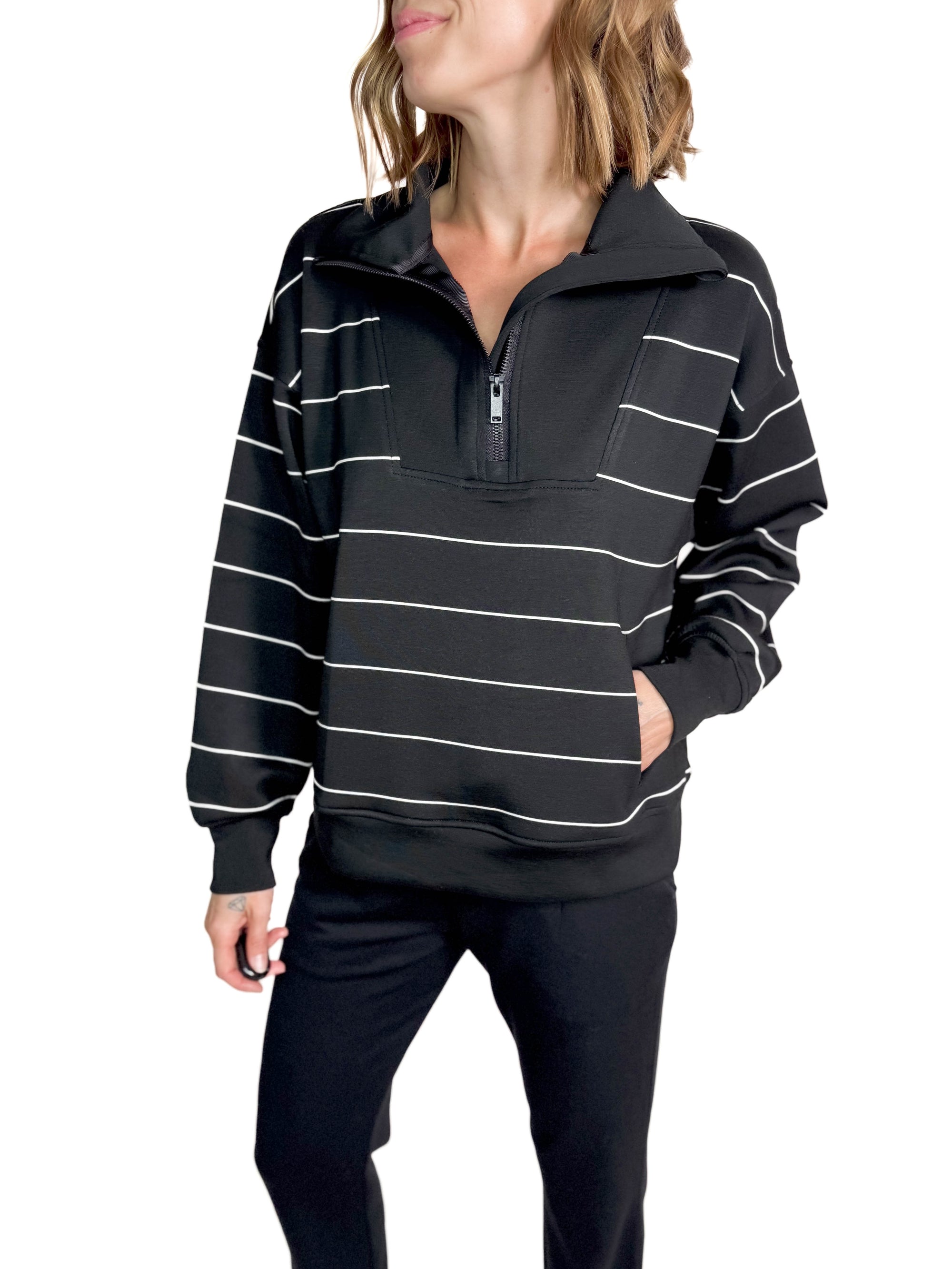 Rachel Modal Quarter Zip Mock Neck Pullover- BLACK/CREAM