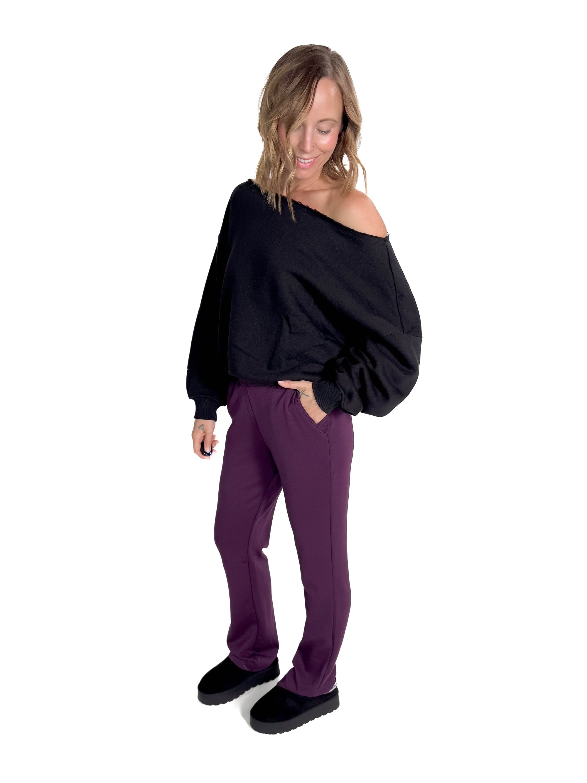 Janice Fleece Off Shoulder Top- BLACK