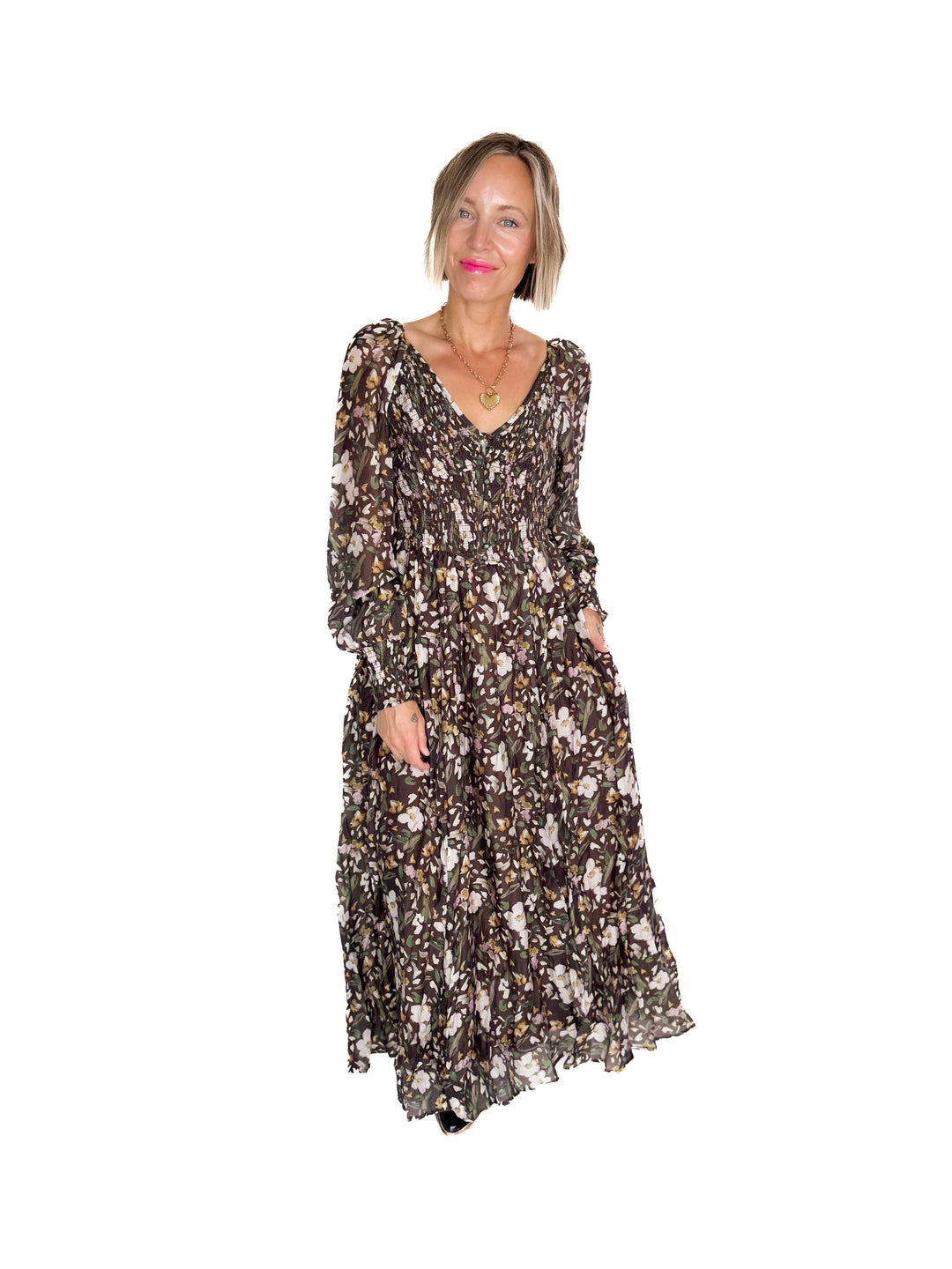Kora Smocked Floral Maxi- MOCHA