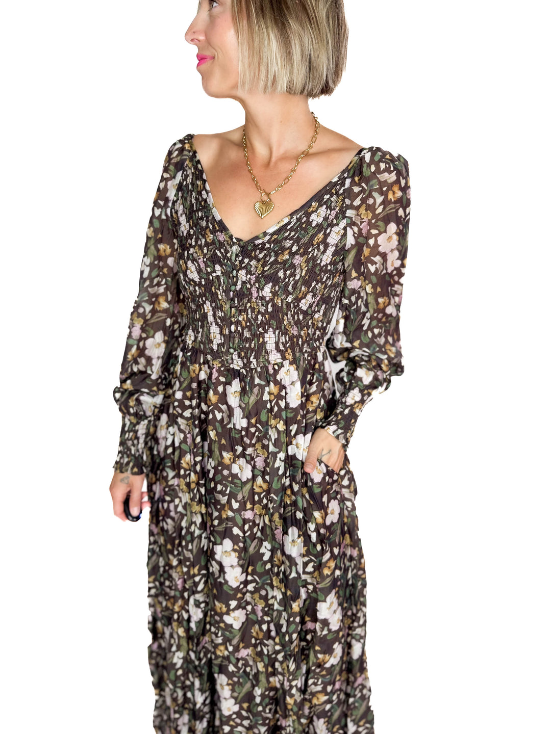Kora Smocked Floral Maxi- MOCHA